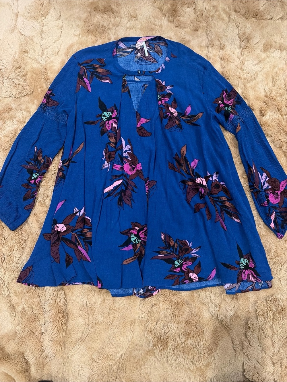Free People Tunic Mini Dress Electric Blue Floral Boho Keyhole